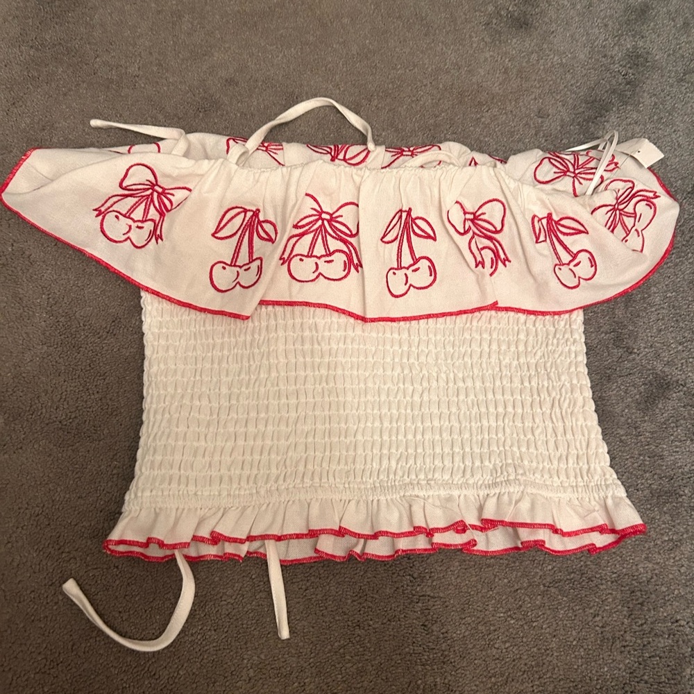 White Off-Shoulder Top with Red Cherry Print